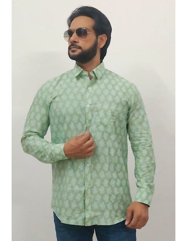 Tea Green Floral Printed Full Sleeves Cotton Shirt