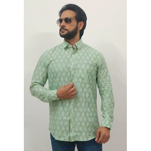 Tea Green Floral Printed Full Sleeves Cotton Shirt