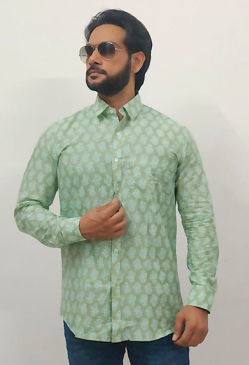 IMG-20230704-WA0204 Tea Green Floral Printed Full Sleeves Cotton Shirt